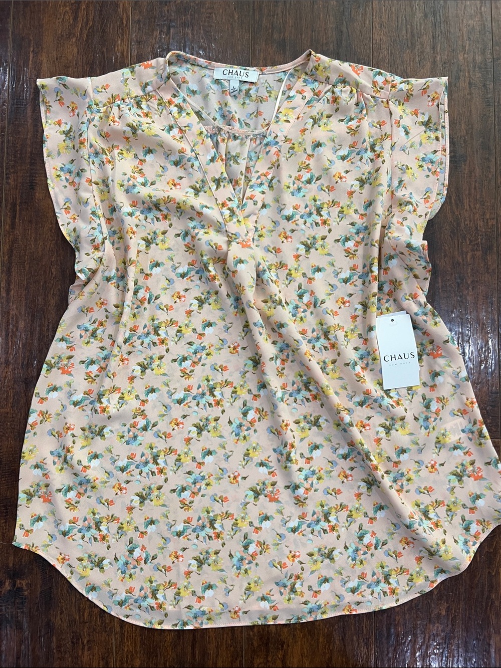 Chaus Peach Floral Ruffled Cap-Sleeve Blouse Large
